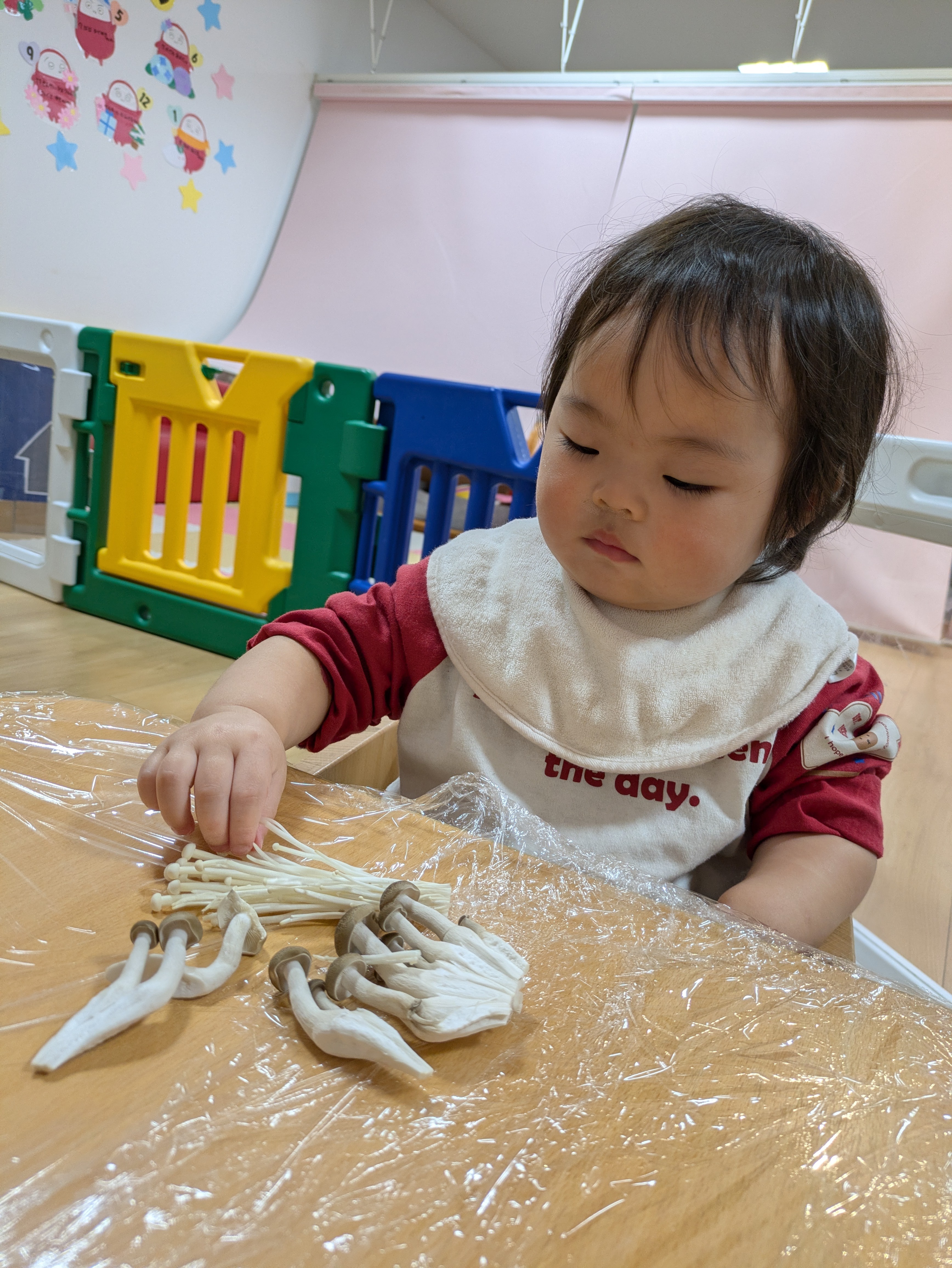 0歳児いぶき組　初めての食育！！（きのこに触れる）
