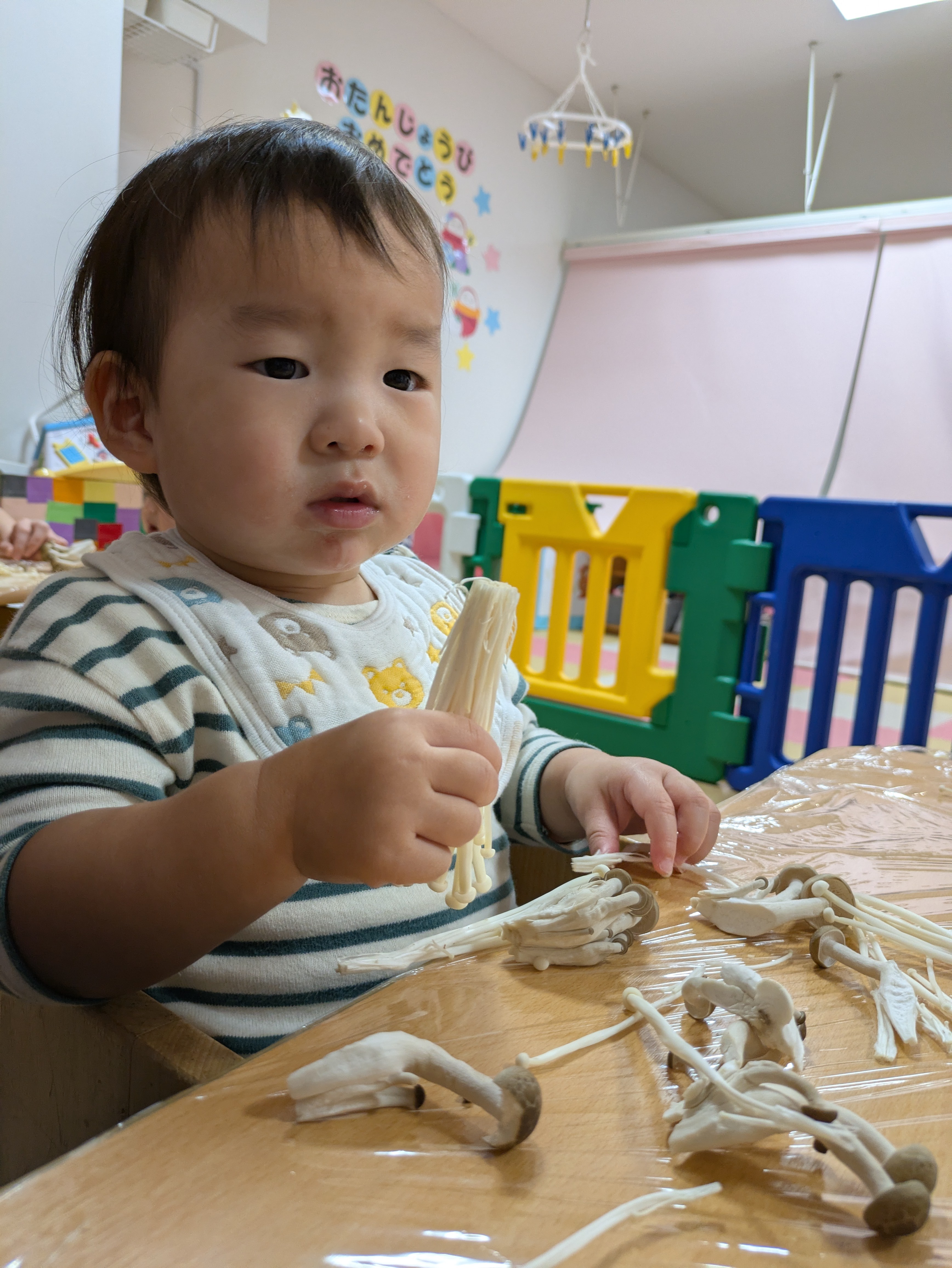 0歳児いぶき組　初めての食育！！（きのこに触れる）