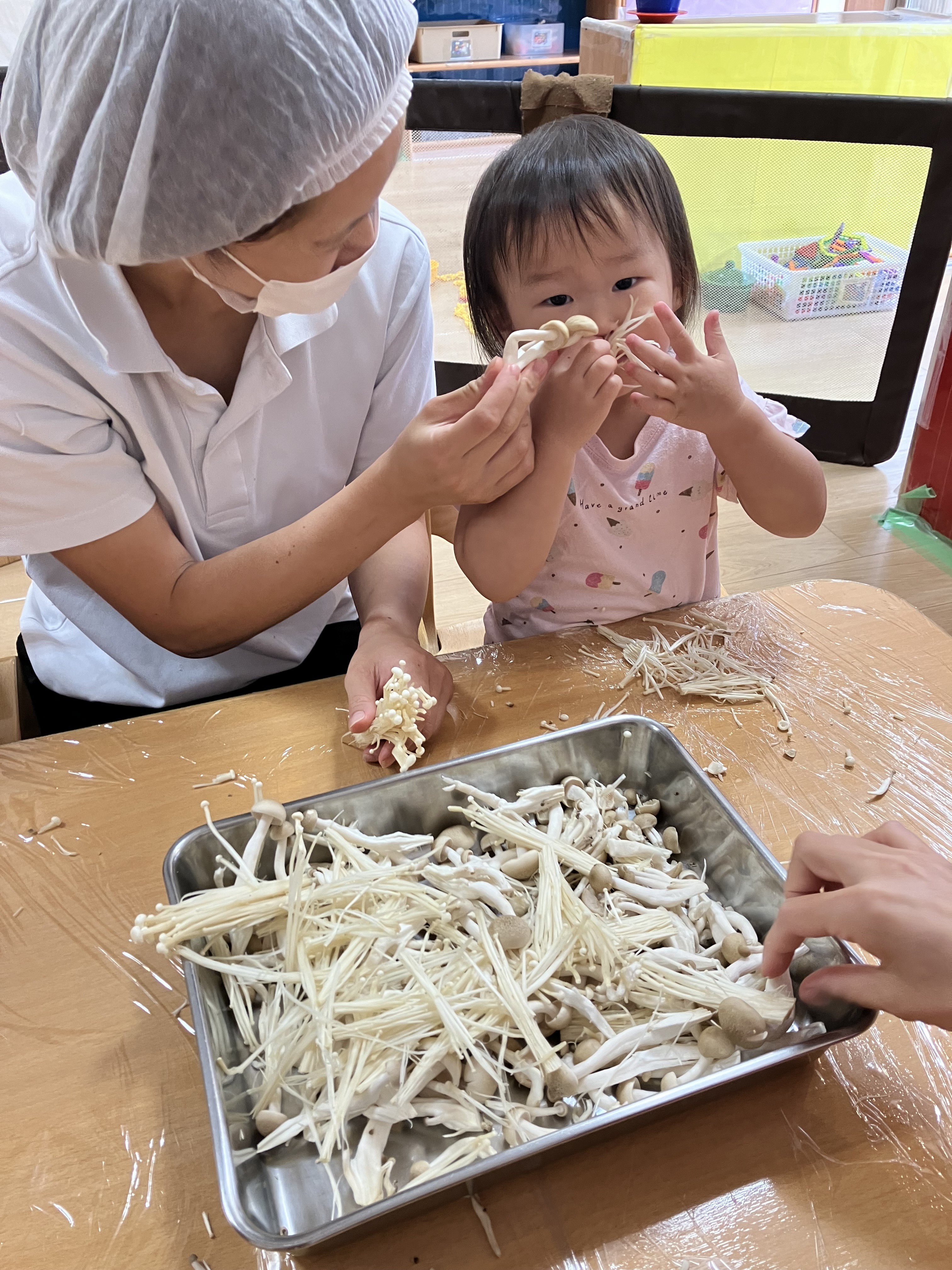 食育「きのこ割き」1歳児　わかば組